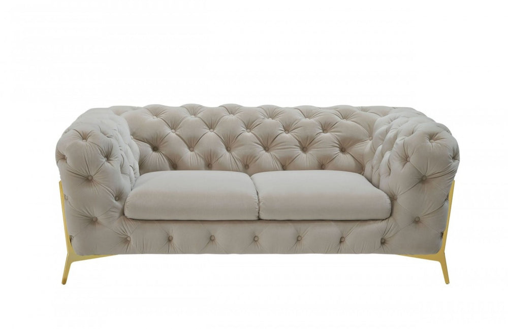 HomeRoots 74" Beige Velvet Chesterfield Loveseat with Gold Legs - Luxurious Tufted Design for Stylish Comfort 489282