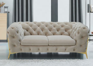 HomeRoots 74" Beige Velvet Chesterfield Loveseat with Gold Legs - Luxurious Tufted Design for Stylish Comfort 489282