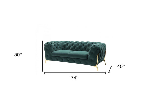 HomeRoots 74" Elegant Emerald Green Velvet Chesterfield Loveseat with Gold Legs for Modern Glam Spaces 489283