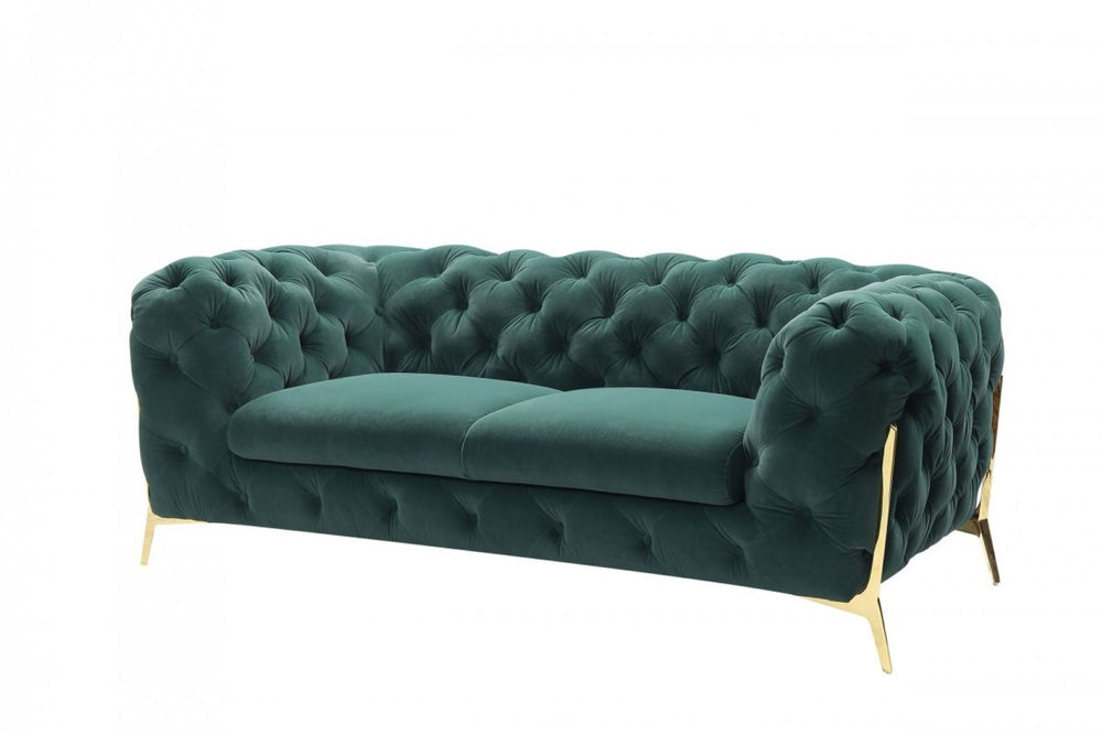 HomeRoots 74" Elegant Emerald Green Velvet Chesterfield Loveseat with Gold Legs for Modern Glam Spaces 489283