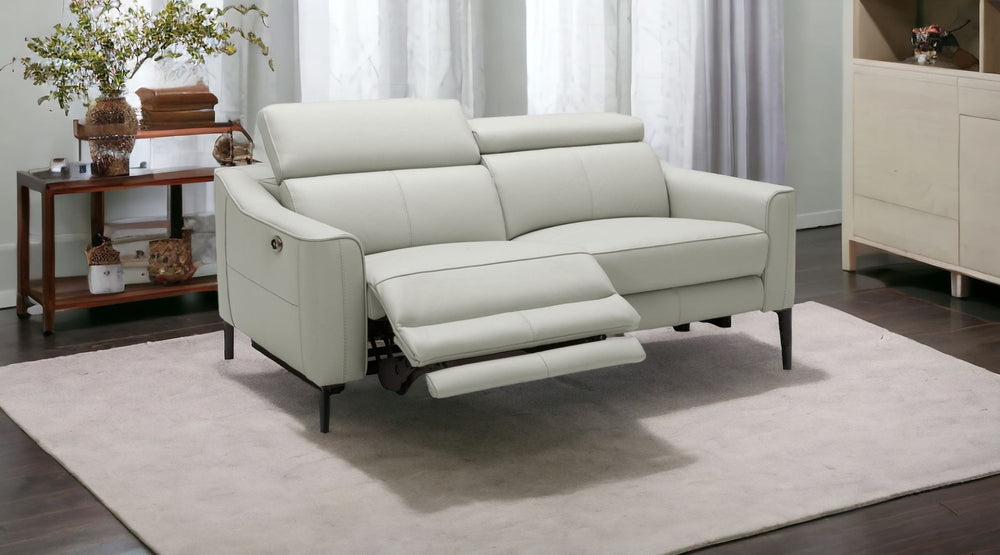 HomeRoots 60" Luxurious Gray and Black Top Grain Leather Power Reclining Loveseat with USB Charging Ports 489286