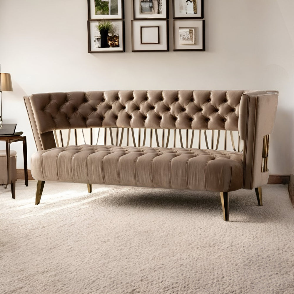 HomeRoots 62" Glamorous Beige and Gold Velvet Loveseat - Modern Tufted Design with Sturdy Birch Frame & Gold Legs 489287