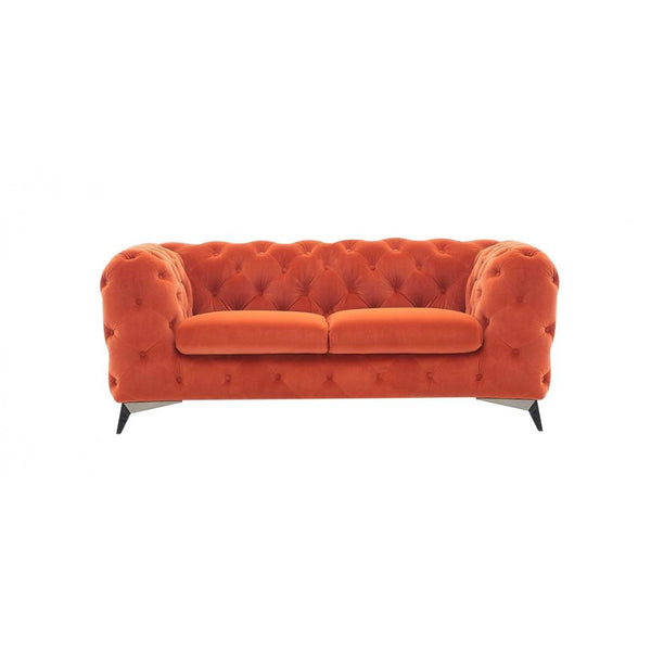 Homeroots 74" Orange And Silver Velvet Chesterfield Loveseat   489288