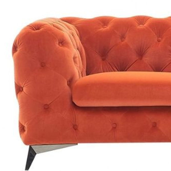 Homeroots 74" Orange And Silver Velvet Chesterfield Loveseat   489288