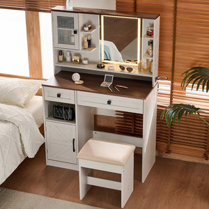 English Elm Farmhouse Makeup Vanity Desk with Lighted Mirror, Built-In Charging Station, Ample Storage and Stool White N844P291652M