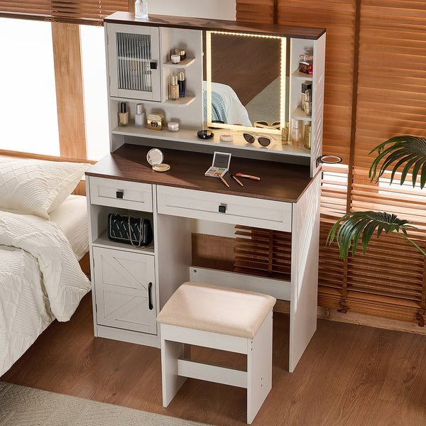 English Elm Farmhouse Makeup Vanity Desk with Lighted Mirror, Built-In Charging Station, Ample Storage and Stool White N844P291652M
