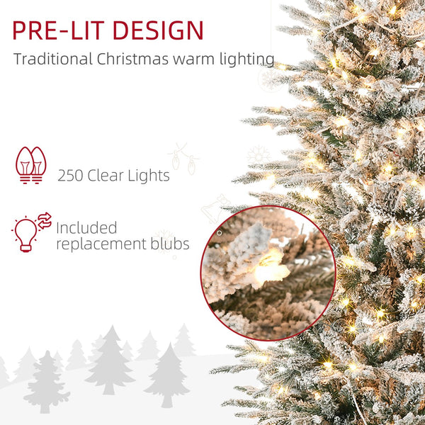 English Elm Homcom 6Ft Snow Flocked Prelit Christmas Tree With 250 Warm Lights, Easy Setup & Flame Retardant Base W2225P229315