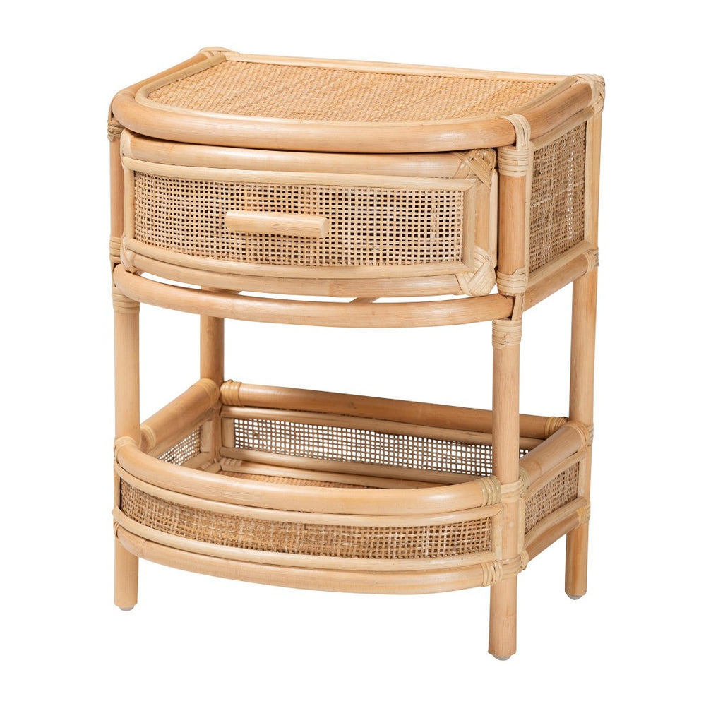 English Elm Bohemian Woven Rattan Nightstand with Geometric Drawer for Organic Bedroom Styling B2750P467733