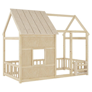 English Elm Twin House Frame Floor Bed Pinewood Build with Led Roofline Kids Bedroom Natural W697P435882