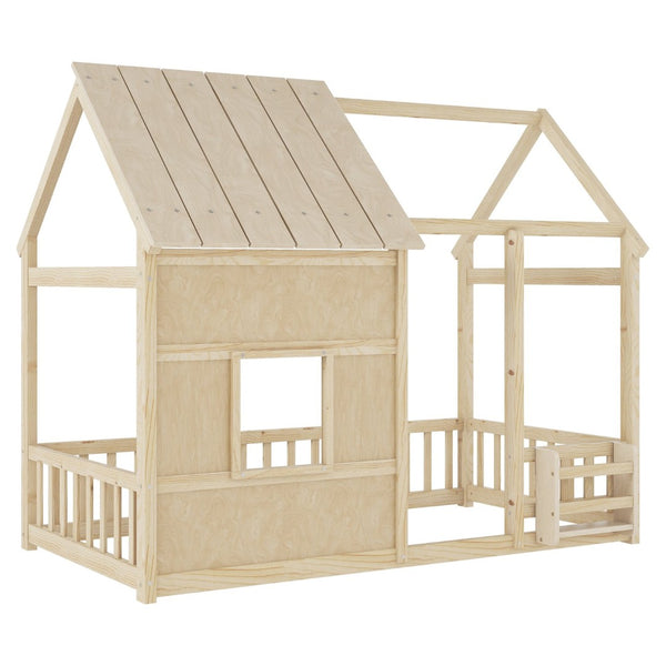 English Elm Twin House Frame Floor Bed Pinewood Build with Led Roofline Kids Bedroom Natural W697P435882