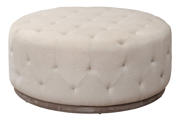 Homeroots 42" Ivory Velvet And Brown Tufted Round Ottoman   489301
