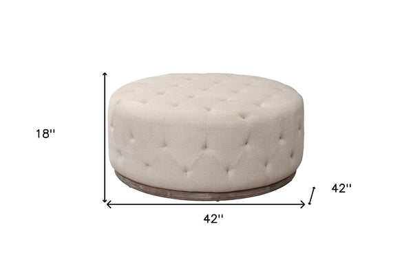 Homeroots 42" Ivory Velvet And Brown Tufted Round Ottoman   489301