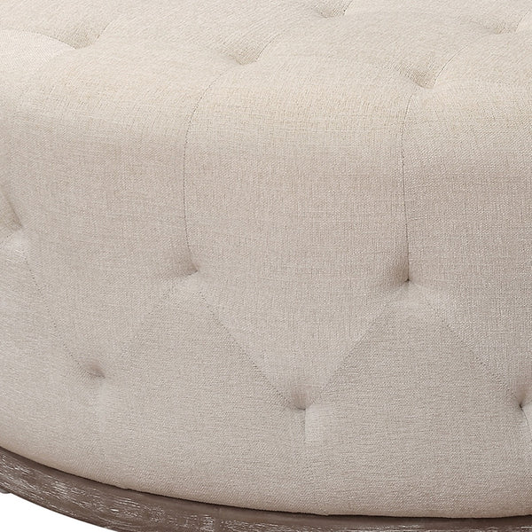 Homeroots 42" Ivory Velvet And Brown Tufted Round Ottoman   489301