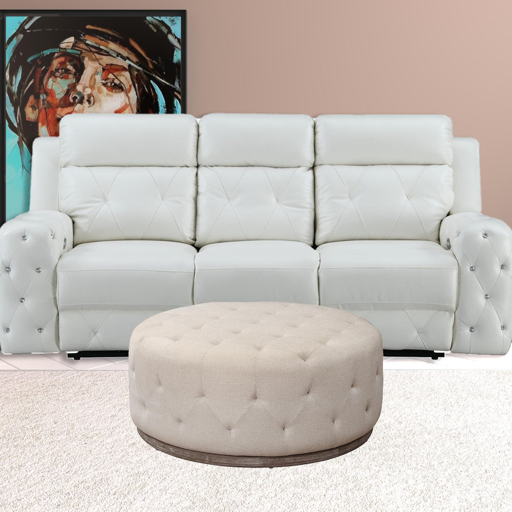 Homeroots 42" Ivory Velvet And Brown Tufted Round Ottoman   489301