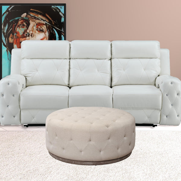 Homeroots 42" Ivory Velvet And Brown Tufted Round Ottoman   489301