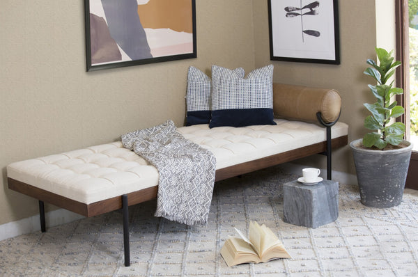 HomeRoots 72" Ivory Tufted Cotton Bench with Brown Black Acacia Wood & Metal Base – Elegant, Multi-Functional Seating 489313