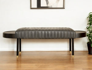 HomeRoots 56" Dark Gray Leather Upholstered Bench with Gold-Tipped Legs & Built-in Side Tables for Versatility 489314