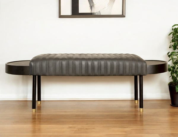 HomeRoots 56" Dark Gray Leather Upholstered Bench with Gold-Tipped Legs & Built-in Side Tables for Versatility 489314