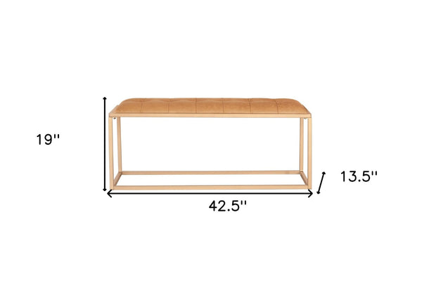 HomeRoots 43" Brown and Gold Upholstered Bench - Modern Leather Seating for Bedroom, Entryway, or Lounge 489315