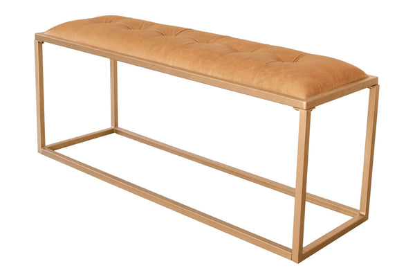 HomeRoots 43" Brown and Gold Upholstered Bench - Modern Leather Seating for Bedroom, Entryway, or Lounge 489315