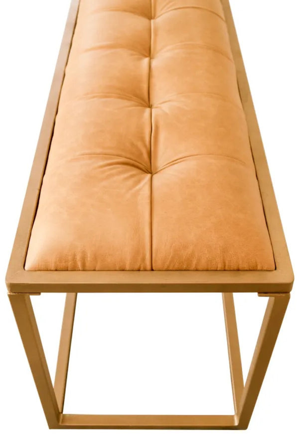 HomeRoots 43" Brown and Gold Upholstered Bench - Modern Leather Seating for Bedroom, Entryway, or Lounge 489315