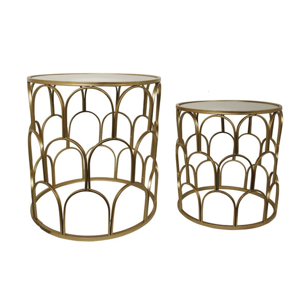 HomeRoots Set of Two Stylish White and Gold Nested Drum Tables with Mirrored Accents for Modern Spaces 489316