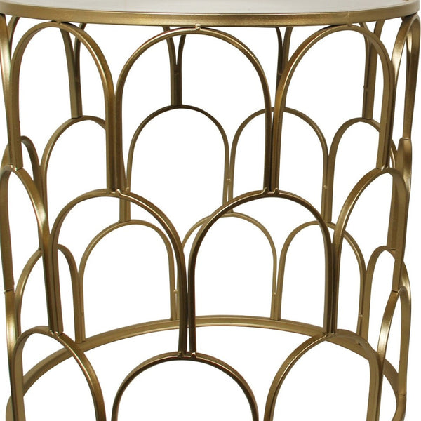 HomeRoots Set of Two Stylish White and Gold Nested Drum Tables with Mirrored Accents for Modern Spaces 489316