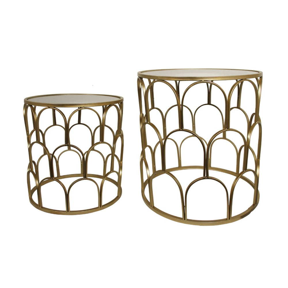 HomeRoots Set of Two Stylish White and Gold Nested Drum Tables with Mirrored Accents for Modern Spaces 489316