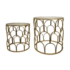 HomeRoots Set of Two Stylish White and Gold Nested Drum Tables with Mirrored Accents for Modern Spaces 489316