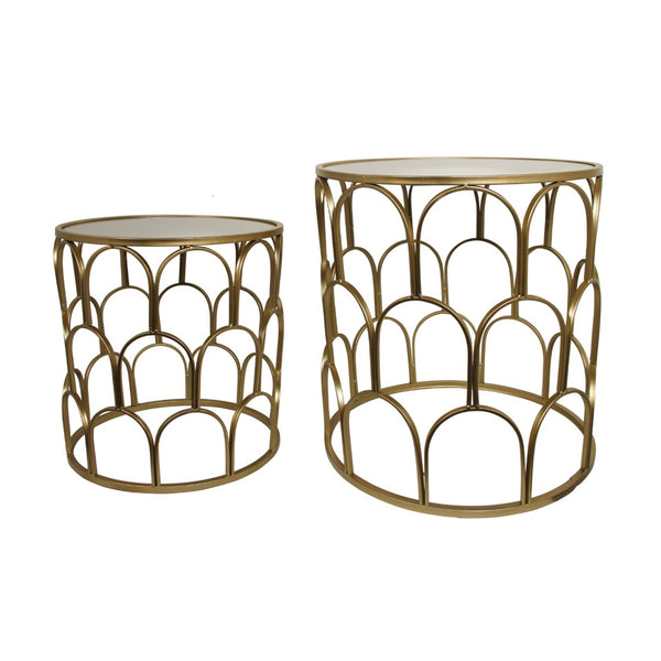 HomeRoots Set of Two Stylish White and Gold Nested Drum Tables with Mirrored Accents for Modern Spaces 489316