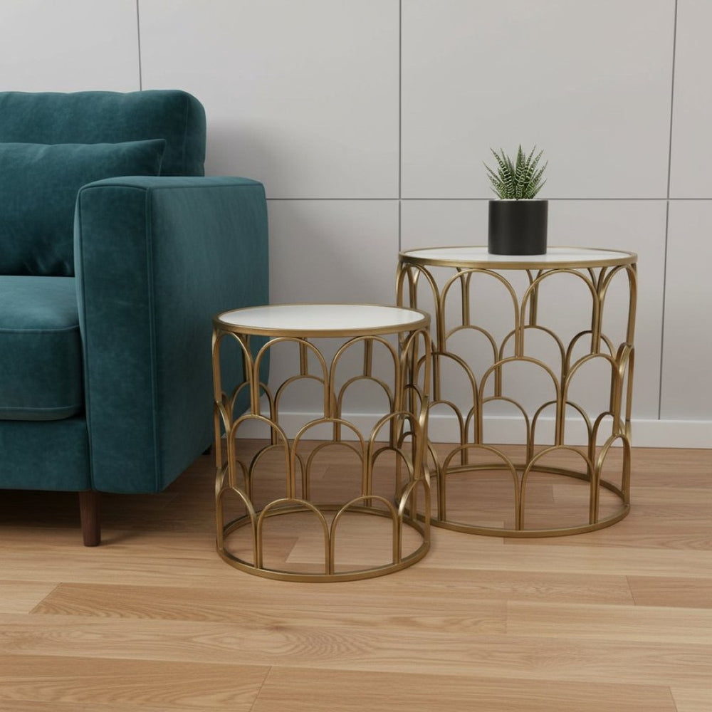HomeRoots Set of Two Stylish White and Gold Nested Drum Tables with Mirrored Accents for Modern Spaces 489316