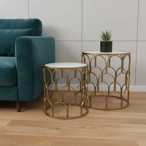 HomeRoots Set of Two Stylish White and Gold Nested Drum Tables with Mirrored Accents for Modern Spaces 489316