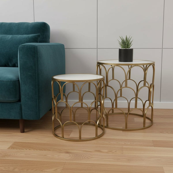 HomeRoots Set of Two Stylish White and Gold Nested Drum Tables with Mirrored Accents for Modern Spaces 489316