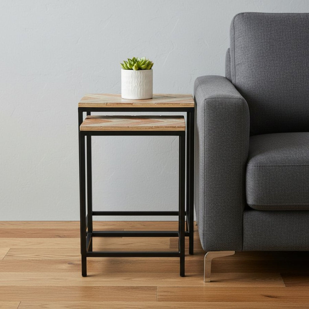 HomeRoots Set of Two Rustic Solid Wood and Steel Nested Tables for Chic Living Room & Entryway Décor 489317