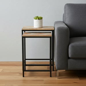 HomeRoots Set of Two Rustic Solid Wood and Steel Nested Tables for Chic Living Room & Entryway Décor 489317
