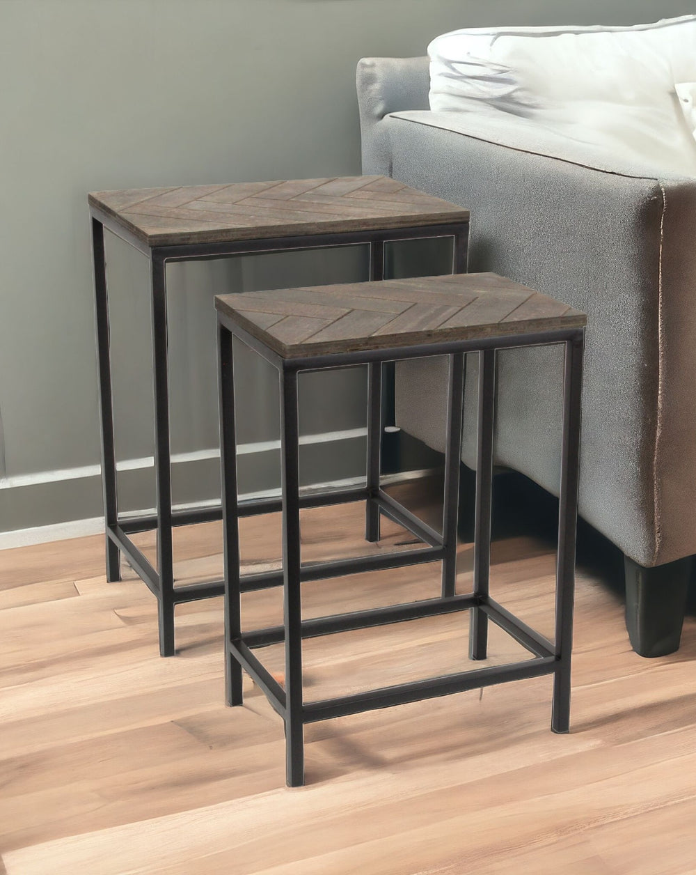 Homeroots Set Of Two 24" Black And Brown Solid Wood And Steel Nested Tables   489317