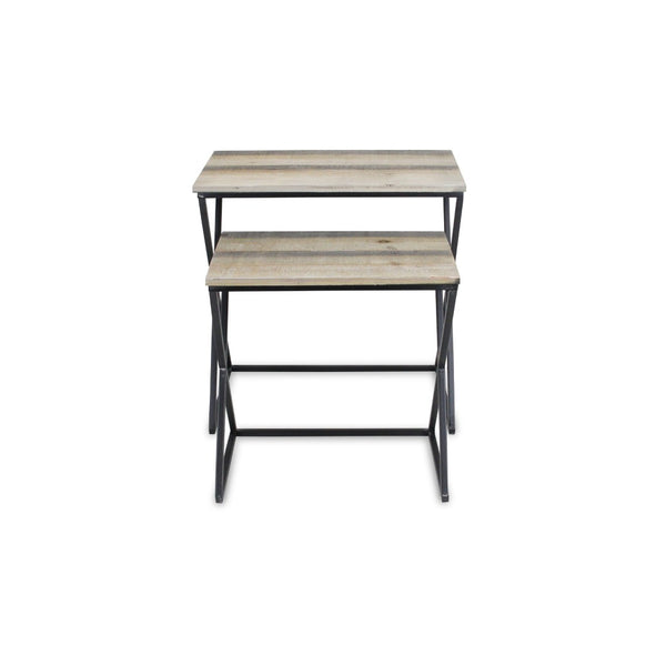 HomeRoots Set of Two Stylish Brown Wood and Black Steel Nested Tables for Modern Living Spaces and Storage 489318