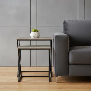 HomeRoots Set of Two Stylish Brown Wood and Black Steel Nested Tables for Modern Living Spaces and Storage 489318