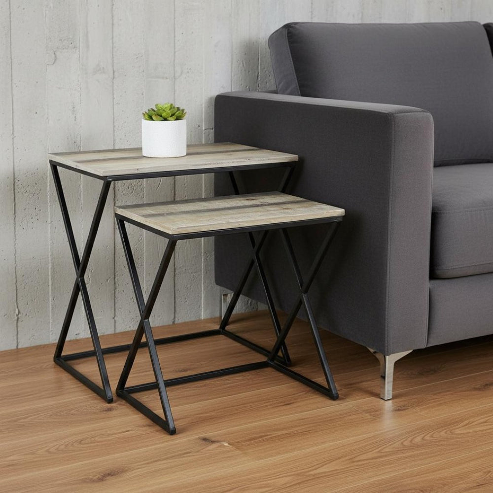 HomeRoots Set of Two Stylish Brown Wood and Black Steel Nested Tables for Modern Living Spaces and Storage 489318