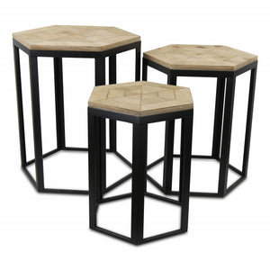 Homeroots Set Of Three 25" Black And Brown Solid Wood And Steel Hexagon Nested Tables   489319