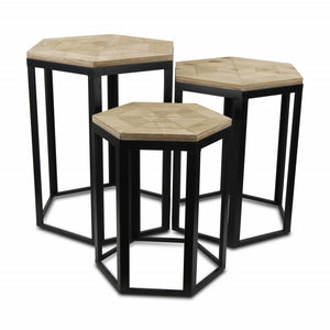 Homeroots Set Of Three 25" Black And Brown Solid Wood And Steel Hexagon Nested Tables   489319