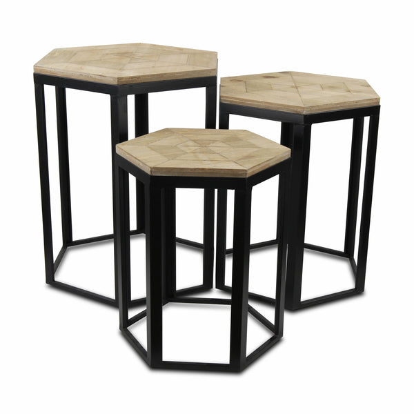 Homeroots Set Of Three 25" Black And Brown Solid Wood And Steel Hexagon Nested Tables   489319