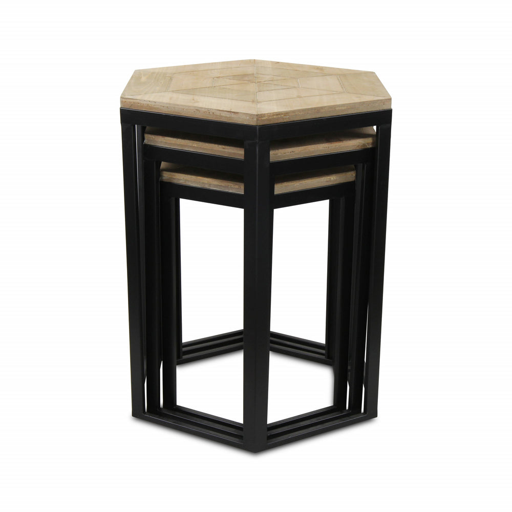 Homeroots Set Of Three 25" Black And Brown Solid Wood And Steel Hexagon Nested Tables   489319