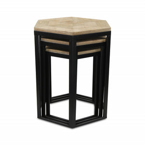 Homeroots Set Of Three 25" Black And Brown Solid Wood And Steel Hexagon Nested Tables   489319