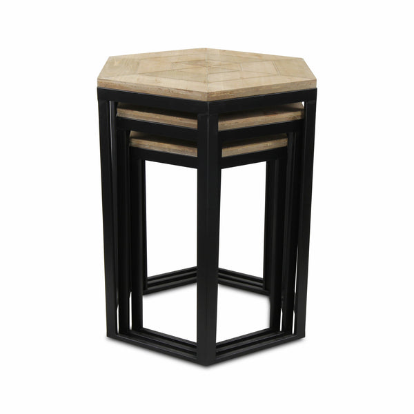 Homeroots Set Of Three 25" Black And Brown Solid Wood And Steel Hexagon Nested Tables   489319