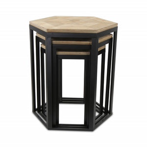 Homeroots Set Of Three 25" Black And Brown Solid Wood And Steel Hexagon Nested Tables   489319
