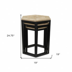 Homeroots Set Of Three 25" Black And Brown Solid Wood And Steel Hexagon Nested Tables   489319