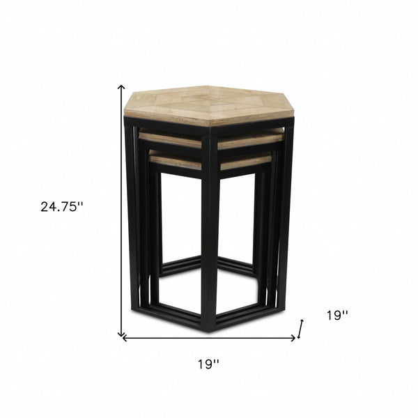Homeroots Set Of Three 25" Black And Brown Solid Wood And Steel Hexagon Nested Tables   489319