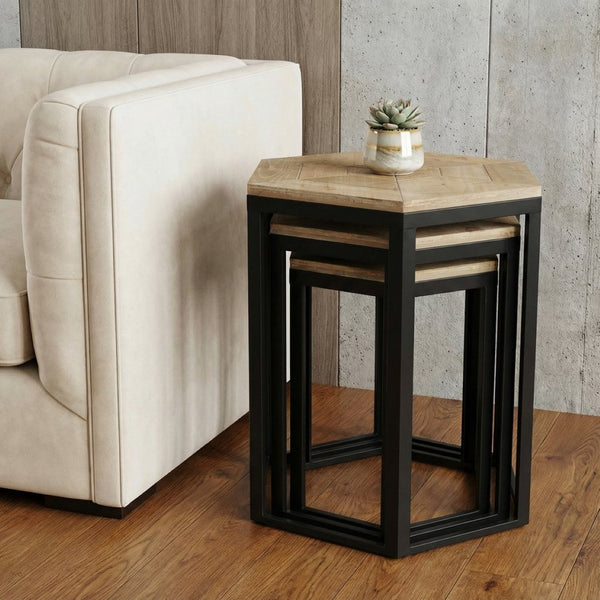 HomeRoots Set of Three Handcrafted 25" Hexagon Nested Tables - Rustic Wood & Industrial Steel Accent Tables 489319