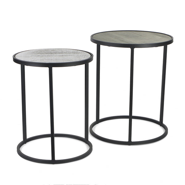 Homeroots Set Of Two 22" Dark Gray And Light Gray Solid Wood Round Nested Tables   489324